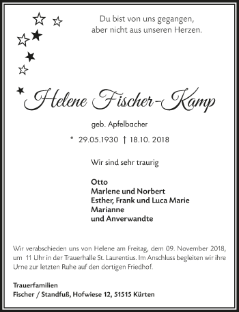 Anzeige von Helene Fischer-Kamp von  Bergisches Handelsblatt 