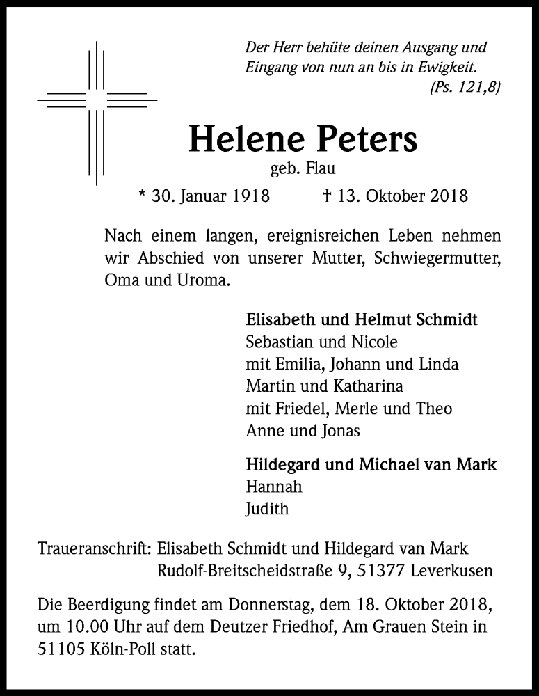  Traueranzeige für Helene Peters vom 17.10.2018 aus Kölner Stadt-Anzeiger / Kölnische Rundschau / Express