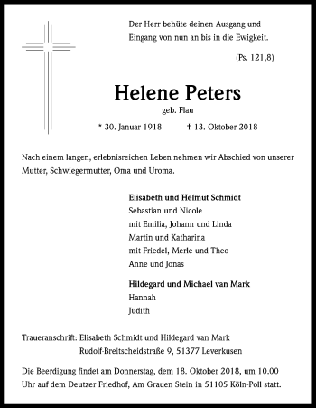 Anzeige von Helene Peters von Kölner Stadt-Anzeiger / Kölnische Rundschau / Express