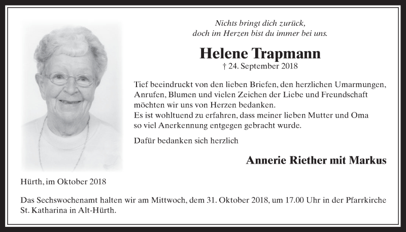  Traueranzeige für Helene Trapmann vom 24.10.2018 aus  Wochenende 