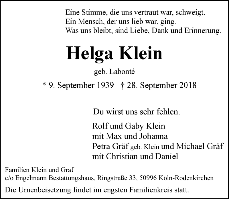  Traueranzeige für Helga Klein vom 10.10.2018 aus  Kölner Wochenspiegel 