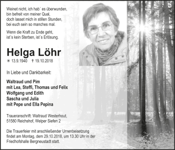 Anzeige von Helga Löhr von  Anzeigen Echo 