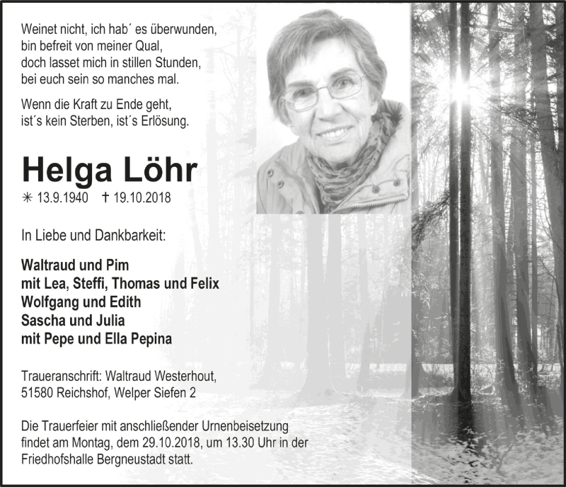  Traueranzeige für Helga Löhr vom 24.10.2018 aus  Anzeigen Echo 