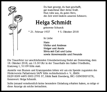 Anzeige von Helga Schmidt von Kölner Stadt-Anzeiger / Kölnische Rundschau / Express