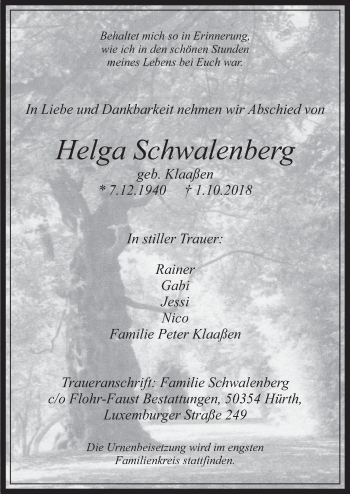 Anzeige von Helga Schwalenberg von  Wochenende 