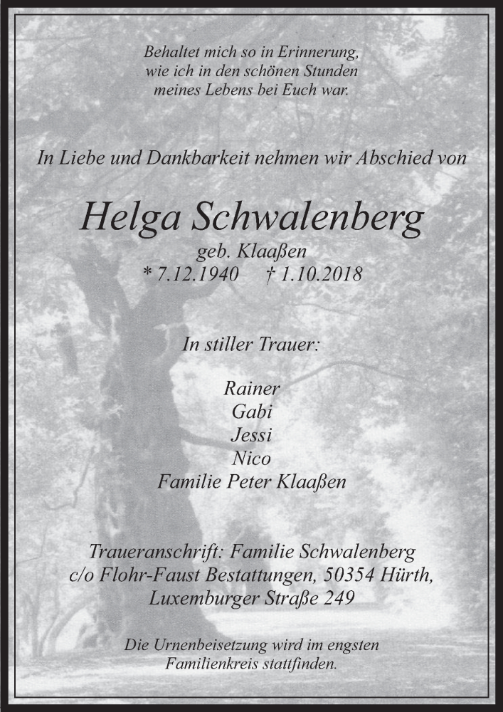  Traueranzeige für Helga Schwalenberg vom 10.10.2018 aus  Wochenende 