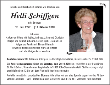 Anzeige von Helli Schiffgen von Kölner Stadt-Anzeiger / Kölnische Rundschau / Express