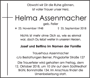 Anzeige von Helma Assenmacher von  Schlossbote/Werbekurier 