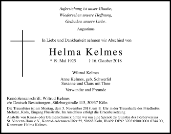 Anzeige von Helma Kelmes von Kölner Stadt-Anzeiger / Kölnische Rundschau / Express