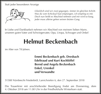 Anzeige von Helmut Beckenbach von  Lokalanzeiger 