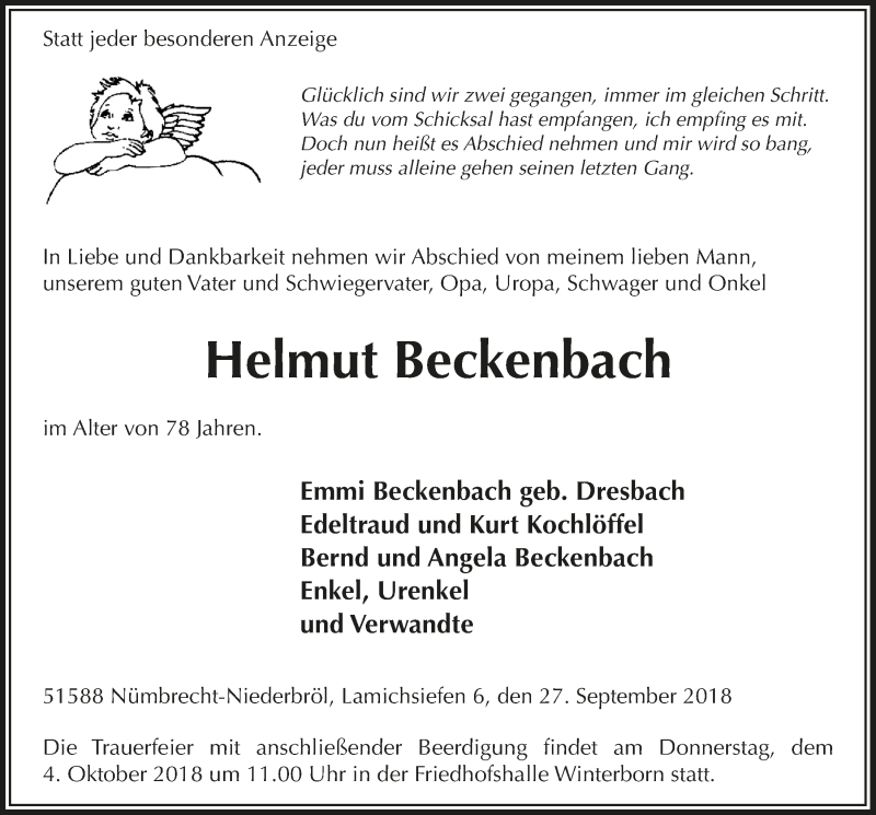  Traueranzeige für Helmut Beckenbach vom 03.10.2018 aus  Lokalanzeiger 