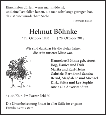 Anzeige von Helmut Böhnke von  Kölner Wochenspiegel 