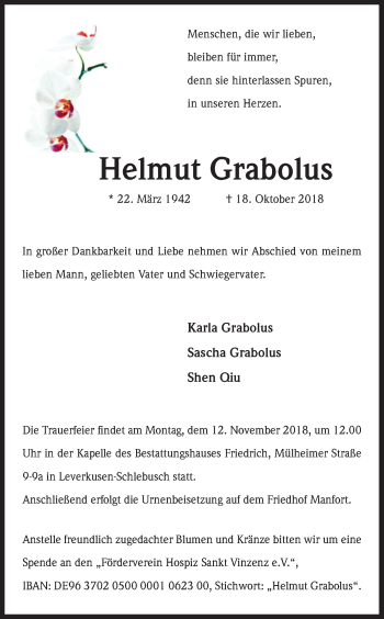 Anzeige von Helmut Grabolus von Kölner Stadt-Anzeiger / Kölnische Rundschau / Express