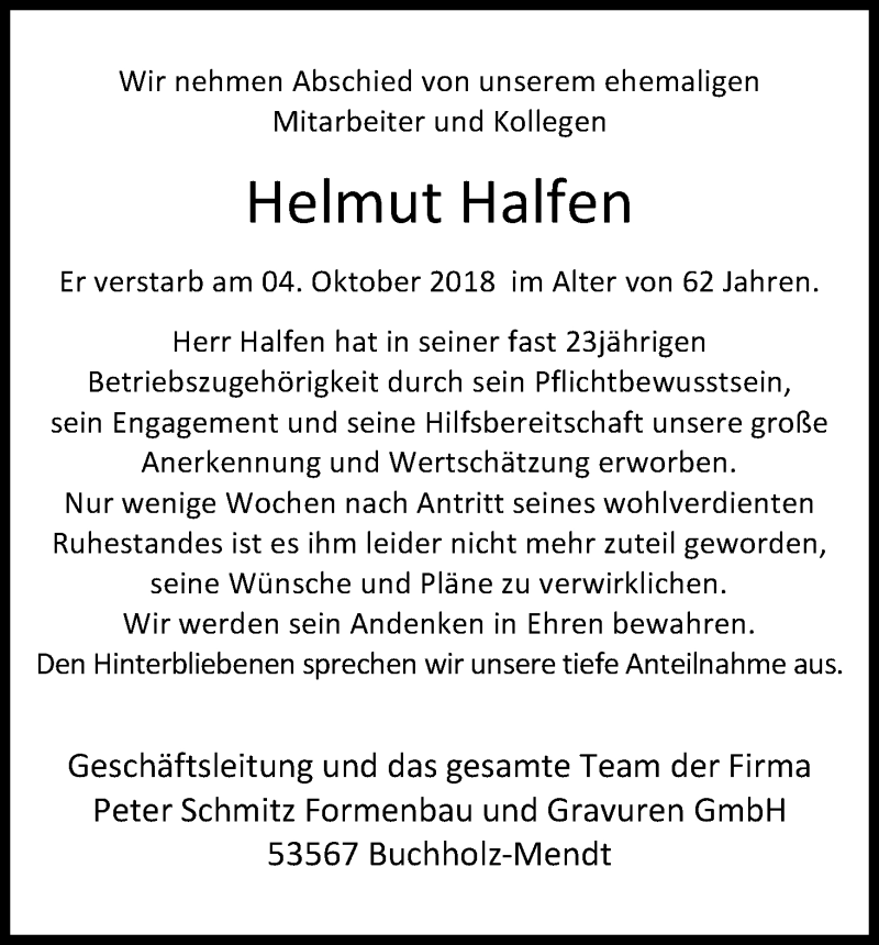  Traueranzeige für Helmut Halfen vom 19.10.2018 aus Kölner Stadt-Anzeiger / Kölnische Rundschau / Express