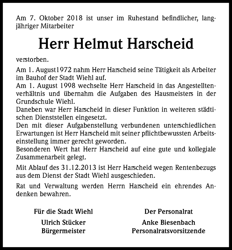  Traueranzeige für Helmut Harscheid vom 17.10.2018 aus Kölner Stadt-Anzeiger / Kölnische Rundschau / Express