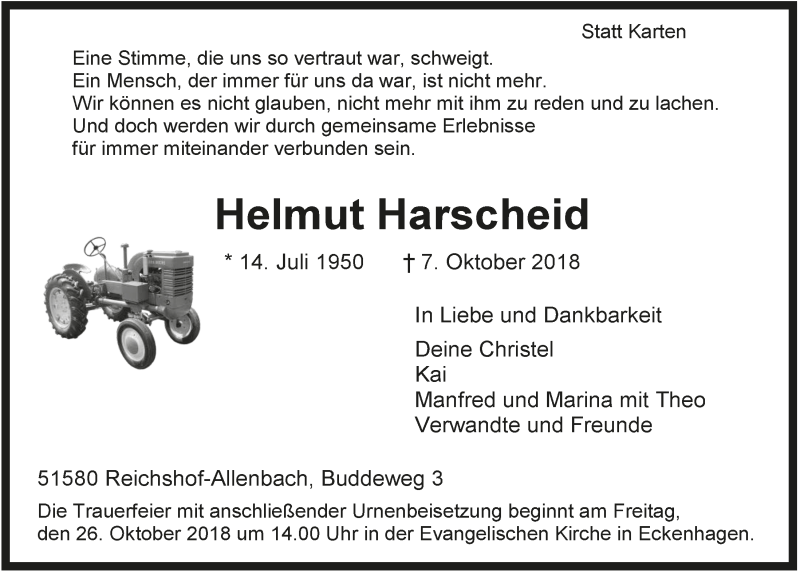  Traueranzeige für Helmut Harscheid vom 17.10.2018 aus  Anzeigen Echo  Lokalanzeiger 
