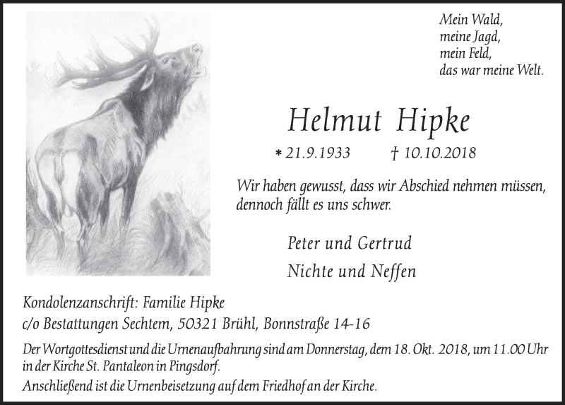  Traueranzeige für Helmut Hipke vom 17.10.2018 aus  Schlossbote/Werbekurier 