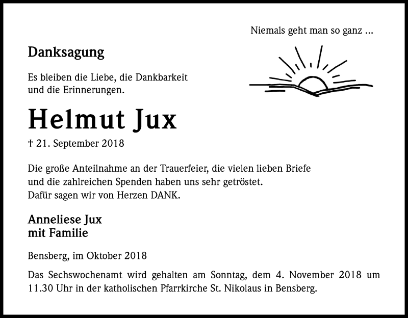  Traueranzeige für Helmut Jux vom 01.11.2018 aus Kölner Stadt-Anzeiger / Kölnische Rundschau / Express