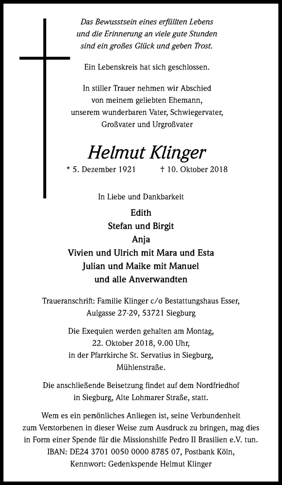  Traueranzeige für Helmut Klinger vom 17.10.2018 aus Kölner Stadt-Anzeiger / Kölnische Rundschau / Express
