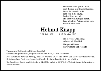 Anzeige von Helmut Knapp von Kölner Stadt-Anzeiger / Kölnische Rundschau / Express