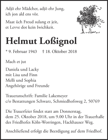 Anzeige von Helmut Loßignol von  Kölner Wochenspiegel 