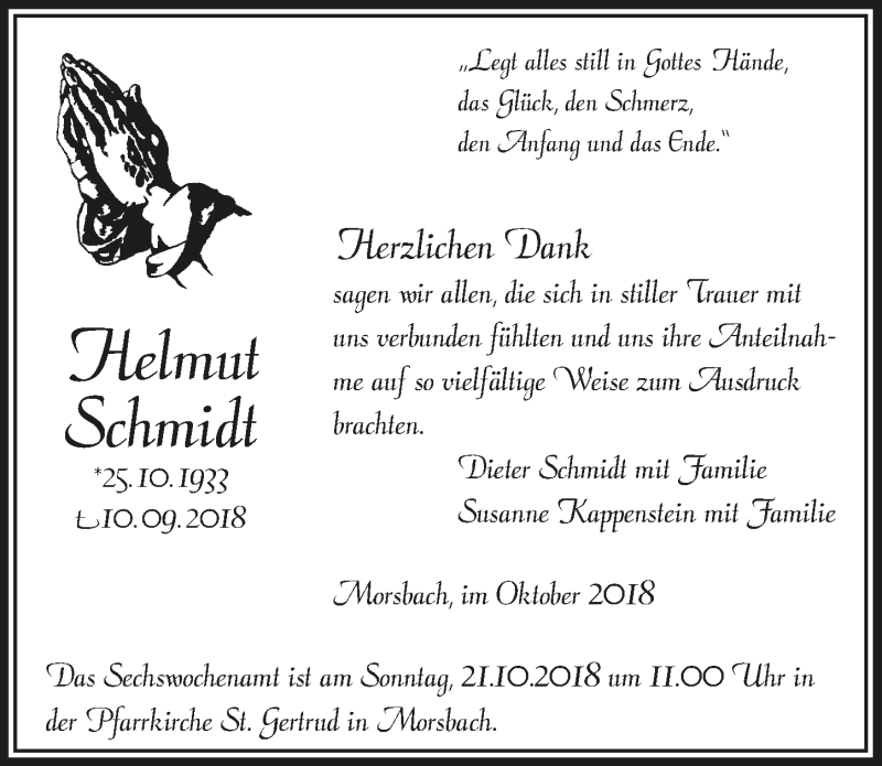  Traueranzeige für Helmut Schmidt vom 17.10.2018 aus  Lokalanzeiger 