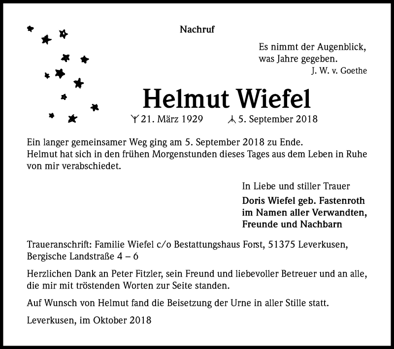  Traueranzeige für Helmut Wiefel vom 20.10.2018 aus Kölner Stadt-Anzeiger / Kölnische Rundschau / Express