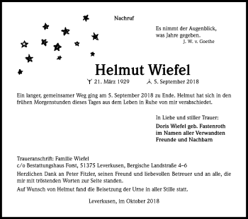 Anzeige von Helmut Wiefel von Kölner Stadt-Anzeiger / Kölnische Rundschau / Express