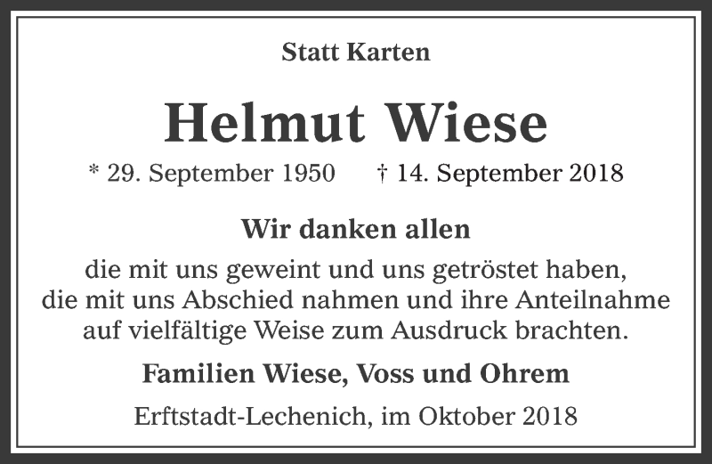  Traueranzeige für Helmut Wiese vom 24.10.2018 aus  Werbepost 