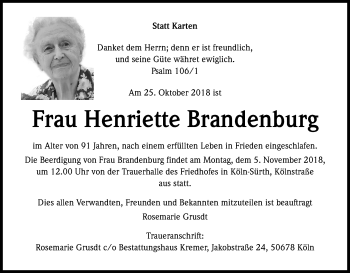 Anzeige von Henriette Brandenburg von Kölner Stadt-Anzeiger / Kölnische Rundschau / Express
