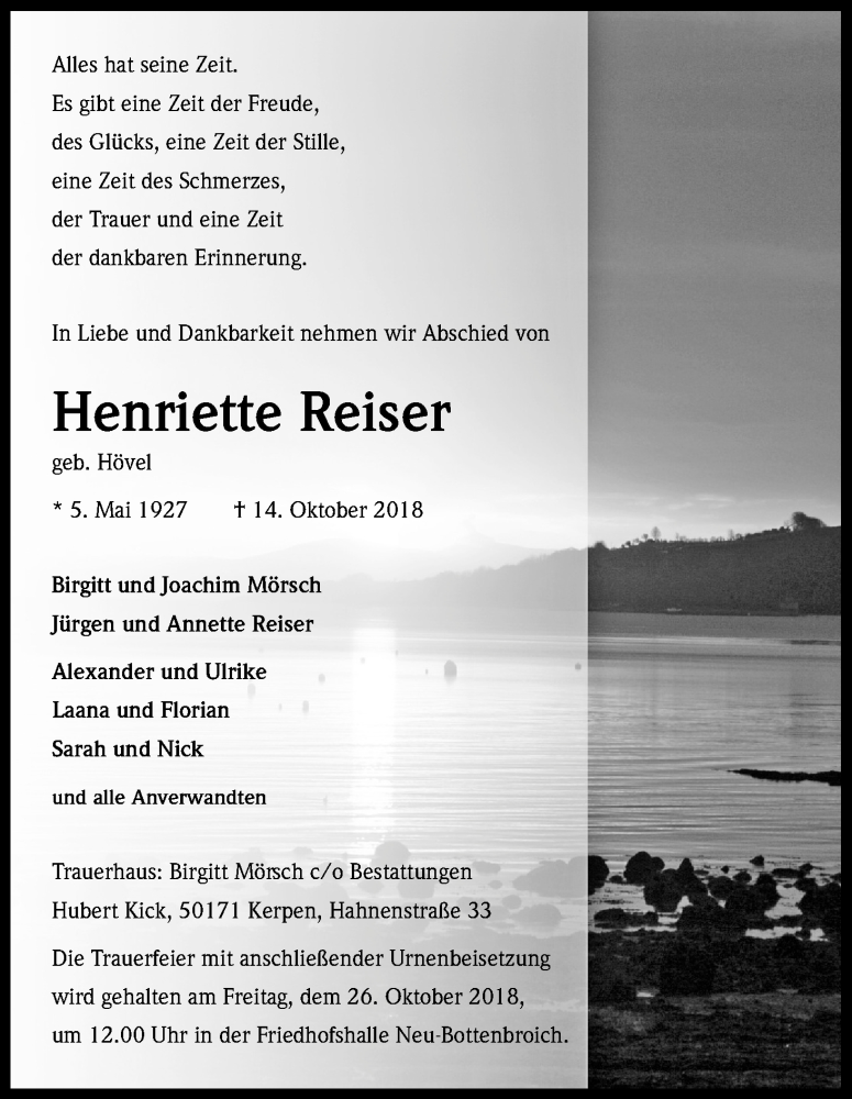 Traueranzeige für Henriette Reiser vom 20.10.2018 aus Kölner Stadt-Anzeiger / Kölnische Rundschau / Express