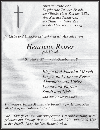 Anzeige von Henriette Reiser von  Sonntags-Post 