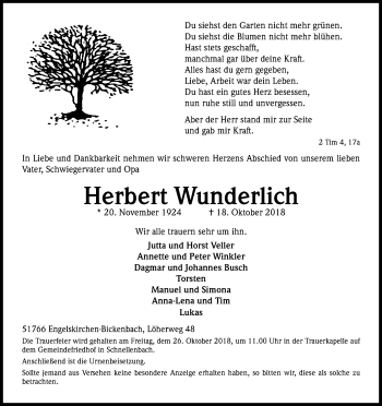 Anzeige von Herbert Wunderlich von Kölner Stadt-Anzeiger / Kölnische Rundschau / Express
