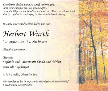 Anzeige von Herbert Wurth von Kölner Stadt-Anzeiger / Kölnische Rundschau / Express
