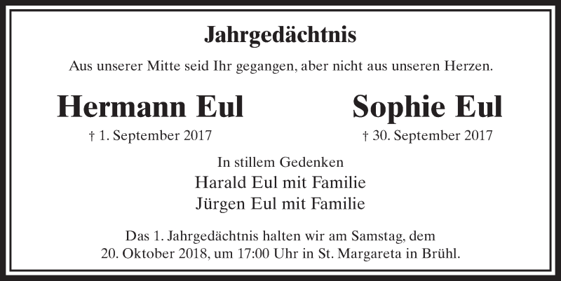  Traueranzeige für Hermann Eul vom 17.10.2018 aus  Schlossbote/Werbekurier 