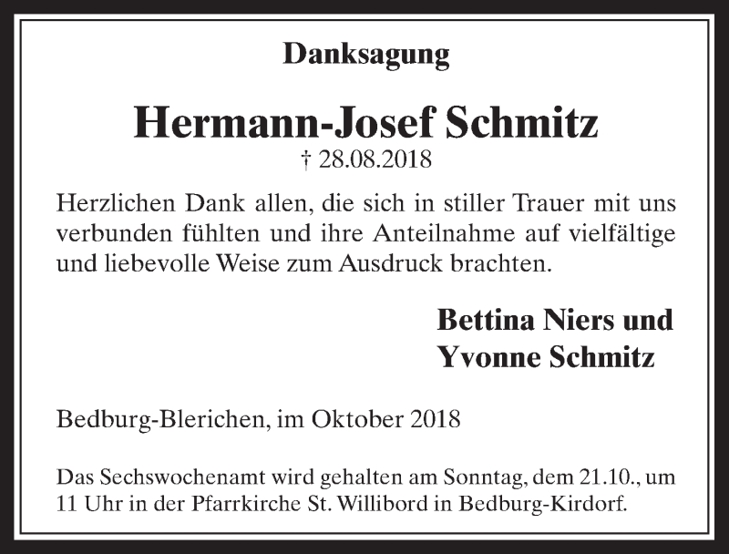  Traueranzeige für Hermann-Josef Schmitz vom 10.10.2018 aus  Werbepost 