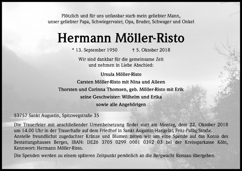  Traueranzeige für Hermann Möller-Risto vom 17.10.2018 aus Kölner Stadt-Anzeiger / Kölnische Rundschau / Express