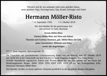 Anzeige von Hermann Möller-Risto von Kölner Stadt-Anzeiger / Kölnische Rundschau / Express