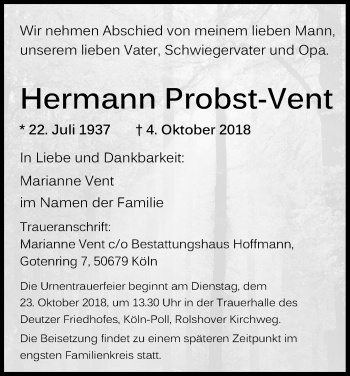Anzeige von Hermann Probst-Vent von Kölner Stadt-Anzeiger / Kölnische Rundschau / Express