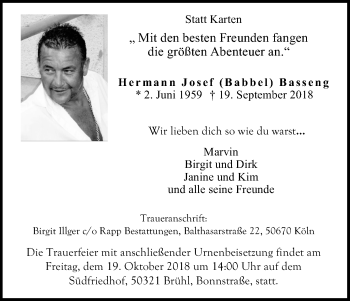 Anzeige von Hermann Josef Basseng von Kölner Stadt-Anzeiger / Kölnische Rundschau / Express