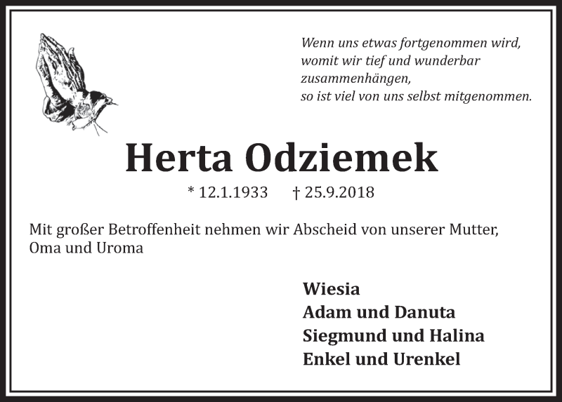  Traueranzeige für Herta Odziemek vom 03.10.2018 aus  Schlossbote/Werbekurier 