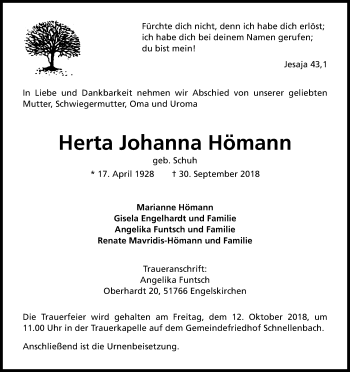 Anzeige von Herta Johanna Hömann von Kölner Stadt-Anzeiger / Kölnische Rundschau / Express