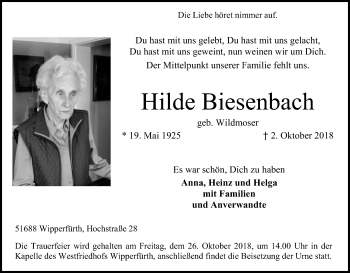 Anzeige von Hilde Biesenbach von Kölner Stadt-Anzeiger / Kölnische Rundschau / Express