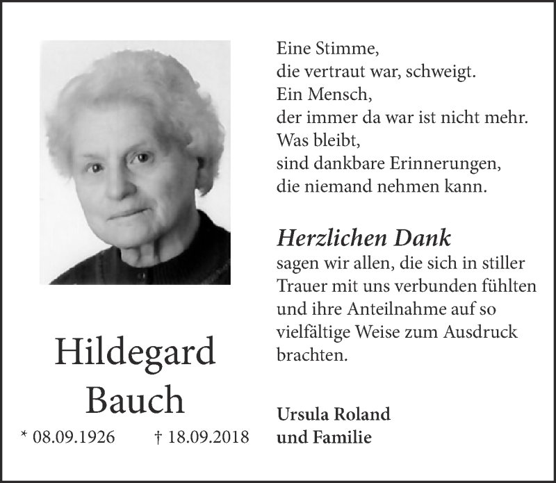  Traueranzeige für Hildegard Bauch vom 13.10.2018 aus  Blickpunkt Euskirchen 