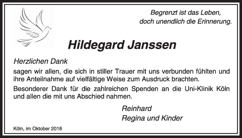  Traueranzeige für Hildegard Janssen vom 10.10.2018 aus  Kölner Wochenspiegel 