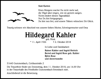 Anzeige von Hildegard Kahler von Kölner Stadt-Anzeiger / Kölnische Rundschau / Express