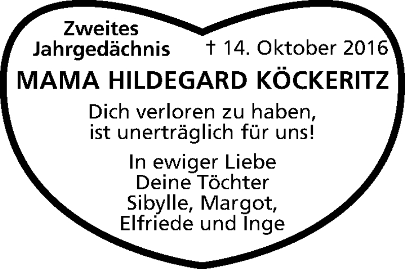  Traueranzeige für Hildegard Köckeritz vom 13.10.2018 aus Kölner Stadt-Anzeiger / Kölnische Rundschau / Express