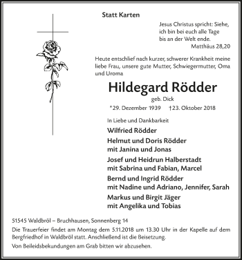Anzeige von Hildegard Rödder von  Lokalanzeiger 