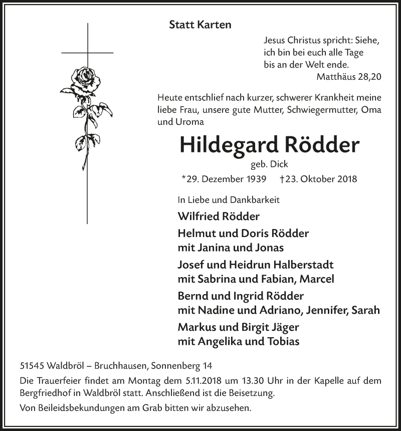  Traueranzeige für Hildegard Rödder vom 31.10.2018 aus  Lokalanzeiger 