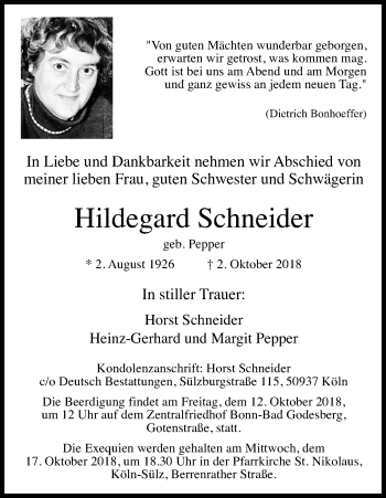 Anzeige von Hildegard Schneider von Kölner Stadt-Anzeiger / Kölnische Rundschau / Express